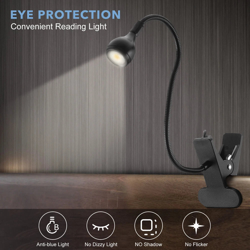 USB Clip On Desk Lamp Flexible Clamp Reading Light LED Bed Table Bedside Night