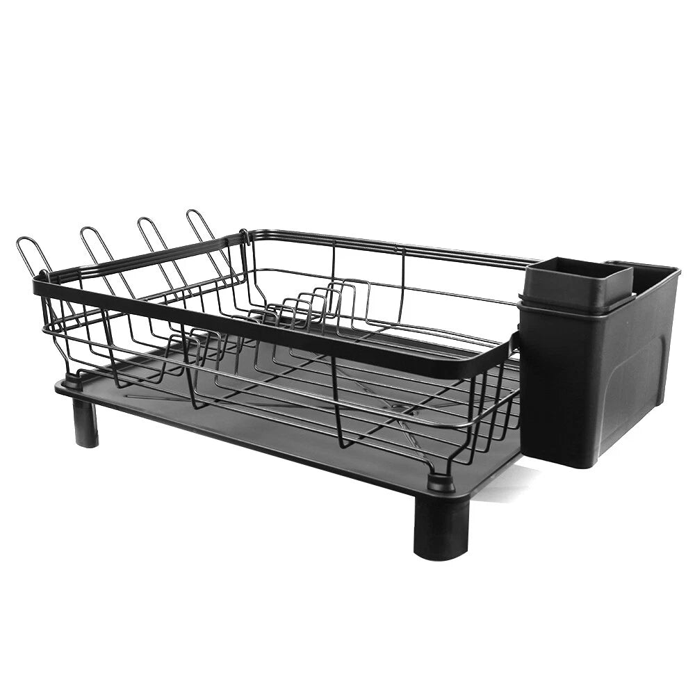 Kitchen Dish Drainer Plate Drying Rack with Drip Tray Cup Cutlery Utensil Holder