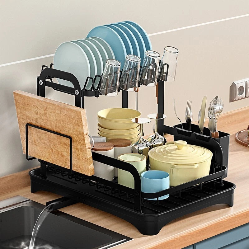 2 TIER KITCHEN SINK DISH DRAINER RACK WITH DRIP TRAY CUTLERY HOLDER PLATE RACK