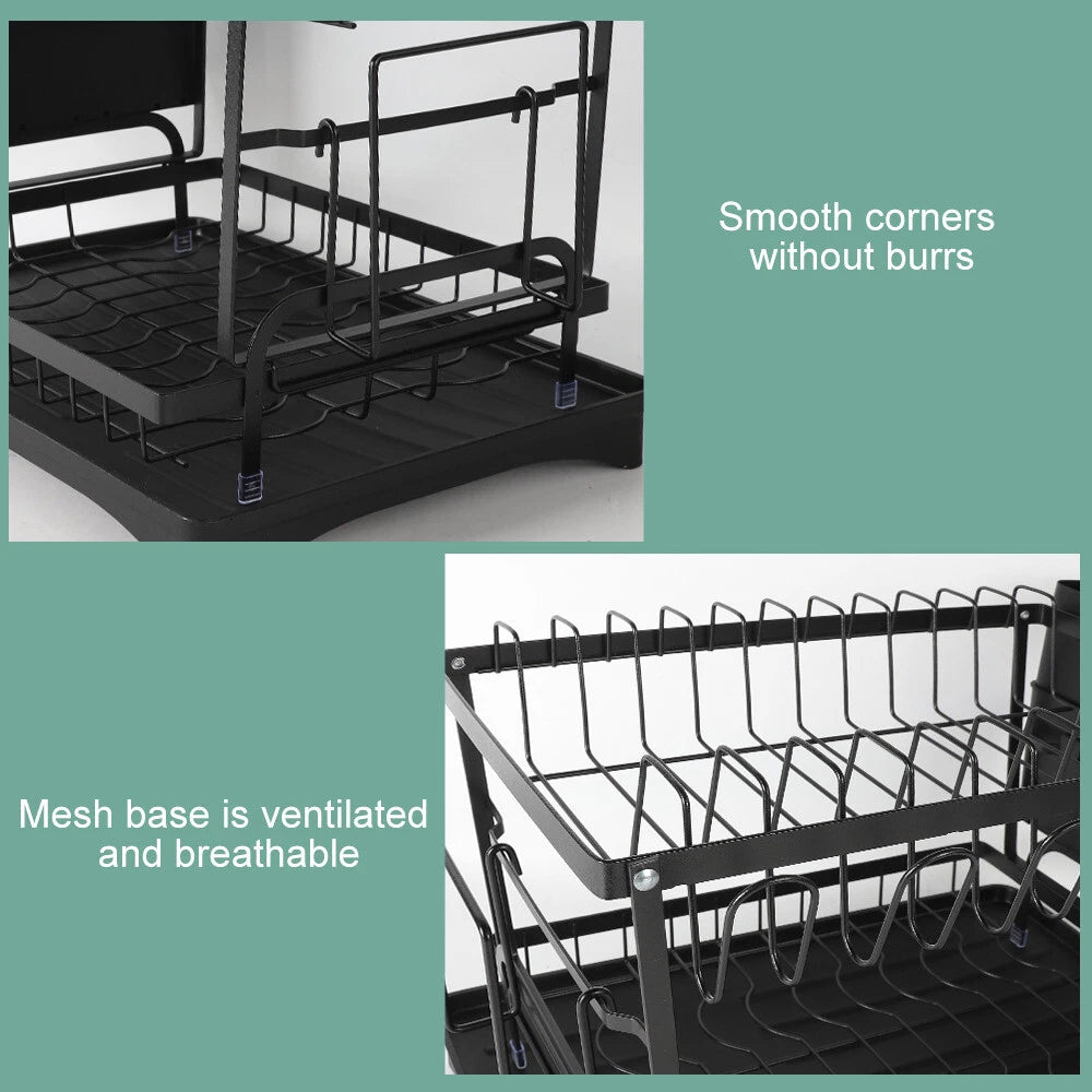 2 Tier Dish Drainer Rack With Drip Tray Kitchen Drying Rack Bowl Plate Holder UK