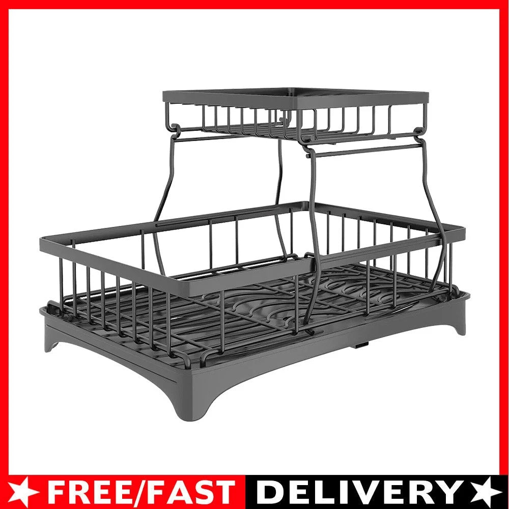 2 TIER KITCHEN SINK DISH DRAINER RACK WITH DRIP TRAY CUTLERY HOLDER PLATE RACK