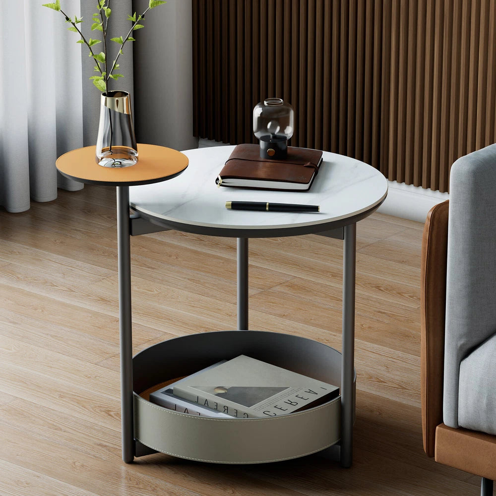 3Tier Side End Table Accent Couch Beside Table with Leather Tray Top Metal Frame