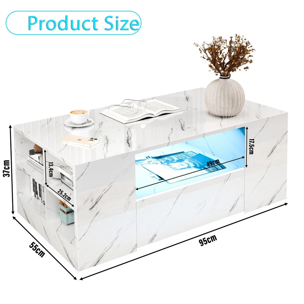 LED Coffee Table Wooden 2 Drawer Storage High Gloss Modern Living Room Furniture