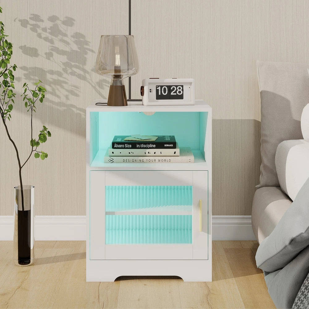 Bedside Table RGB LED 4 Tier Storage Cabinet Nightstand with Charging Station