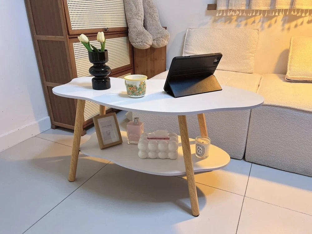 2 Layer Coffee Table Tea Table Cloud Modern Living Room Desk W/ Storage Shelf