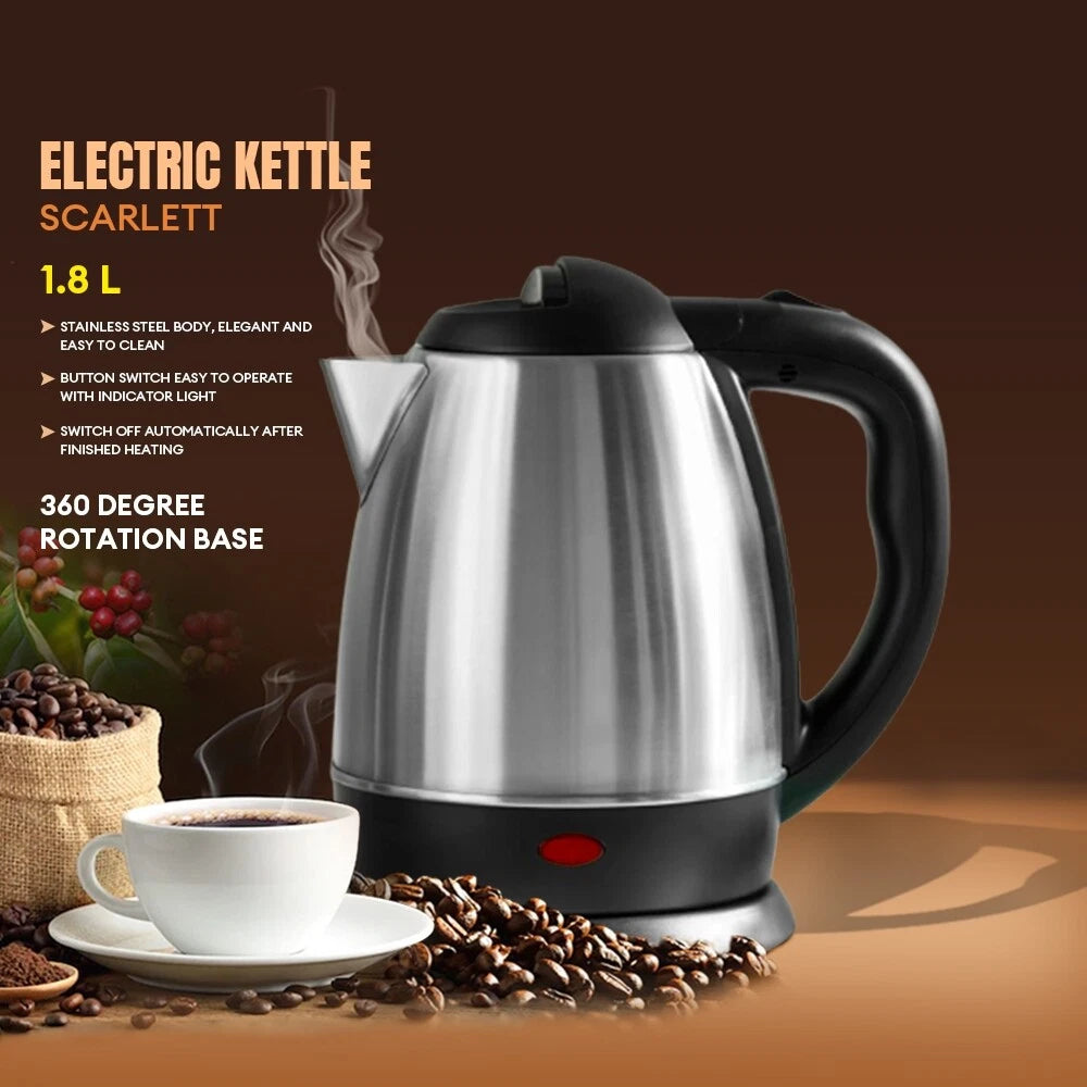 Electric Kettle Stainless Steel Cordless Jug 1.8L Overheat Protection 1500W UK