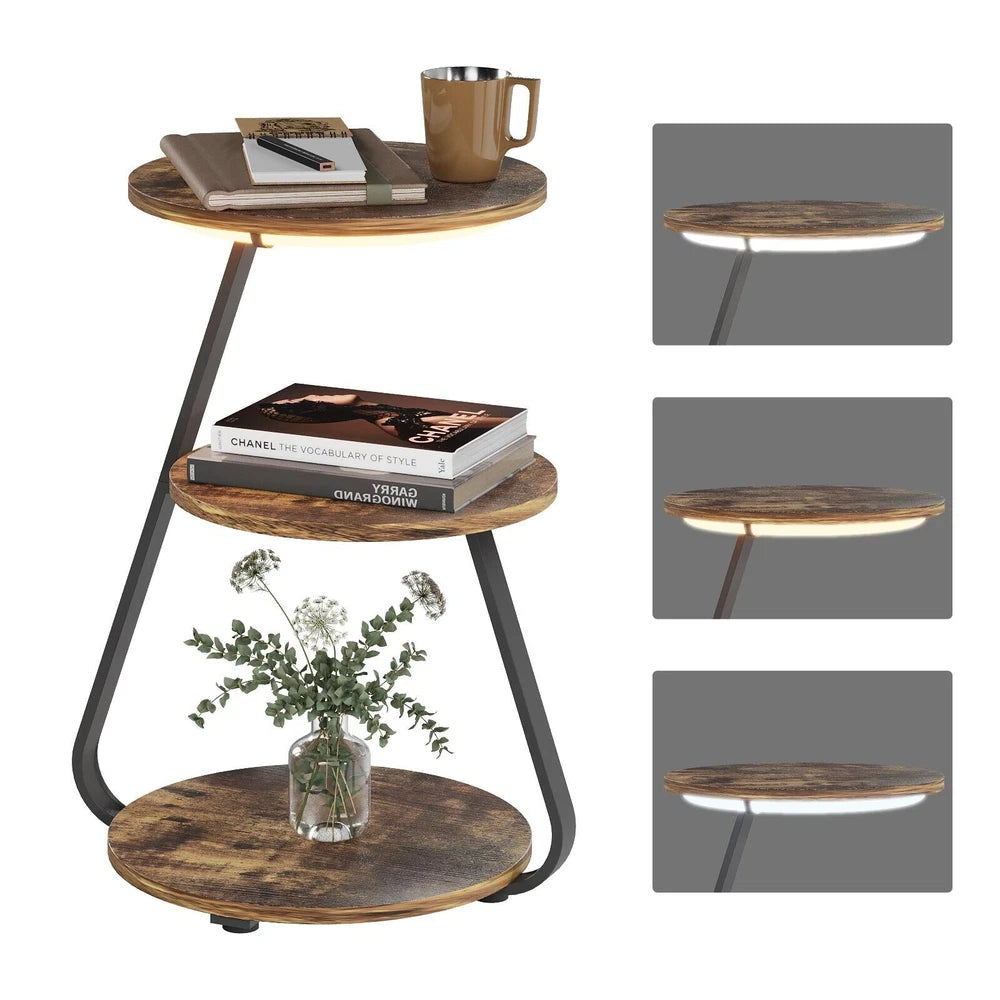 3-Tier Sofa Side Table LED Lighted Bedside Living Room End Table with Storage