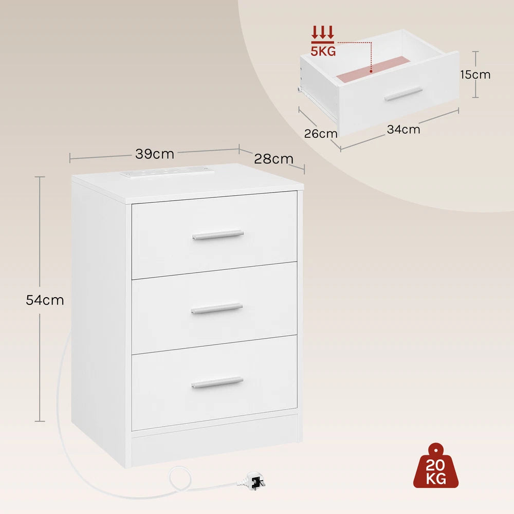 1/2x Bedside Table Cabinets w/ Charging Station Nightstand Storage Unit 3 Drawer