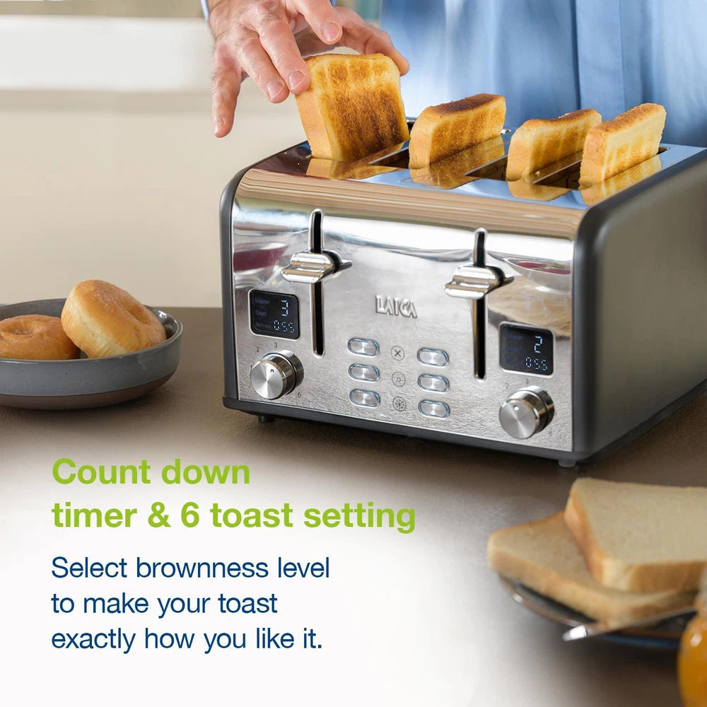 4 Slice Digital Toaster, Wide Slots, Defrost/Reheat, Browning Settings, Laica
