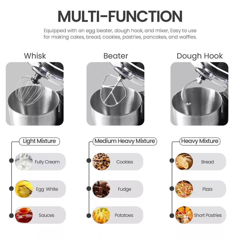 5L Stand Mixer for Baking – Stainless Steel Bowl, Dough Hook & Whisk Included