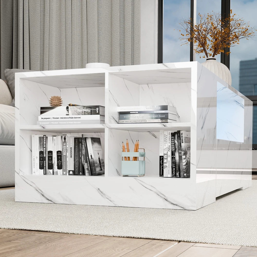 LED Coffee Table Wooden 2 Drawer Storage High Gloss Modern Living Room Furniture