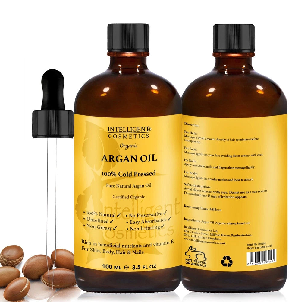 Organic Argan Oil 100% Cold Pressed Pure Virgin Vegan for Hair Beard & Skincare