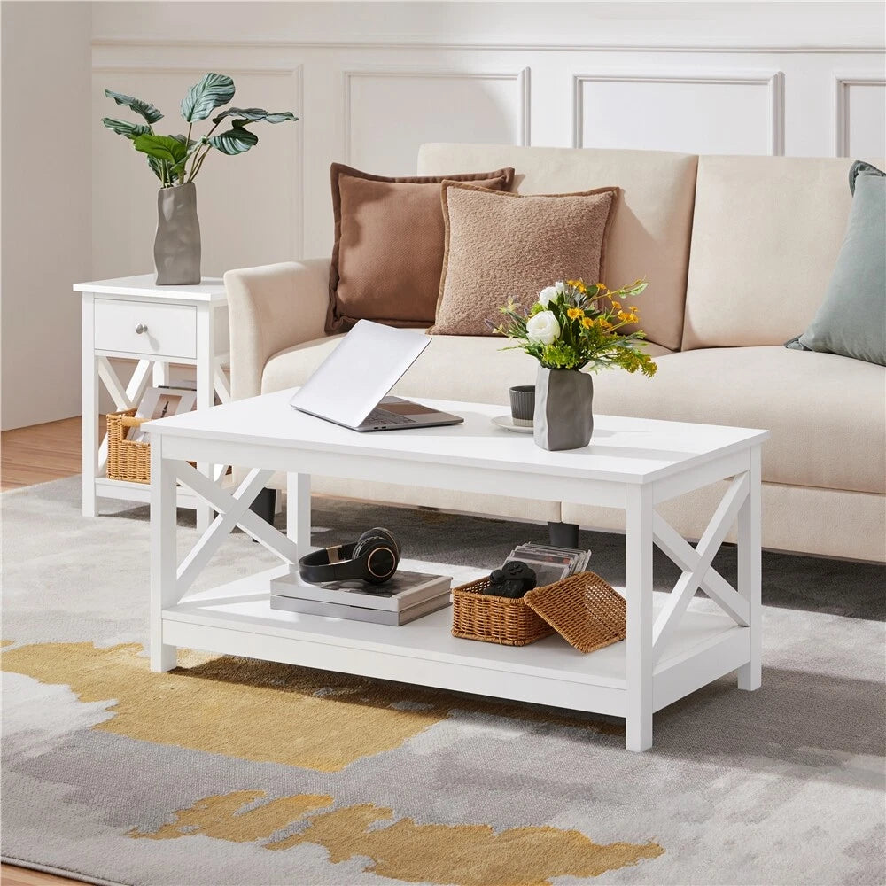2-Tier Coffee Table with Storage Shelf Modern Center Tea Table for Living Room