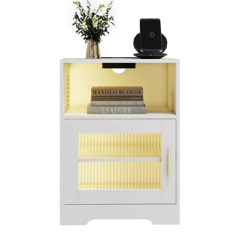 Bedside Table RGB LED 4 Tier Storage Cabinet Nightstand with Charging Station