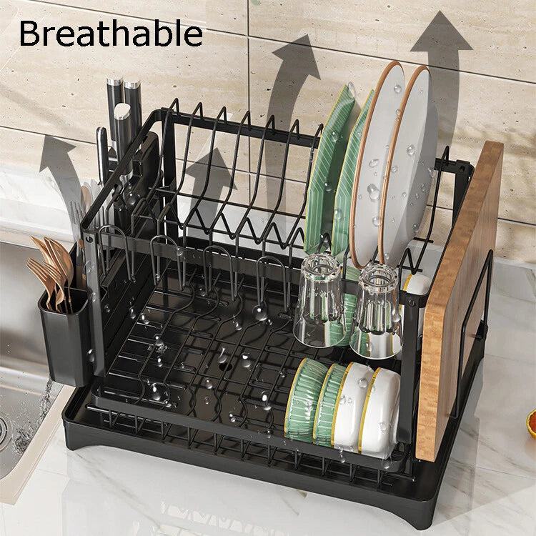 2 Tier Dish Drainer Rack with Drip Tray Cutlery Holder Plate Racks Kitchen Sink