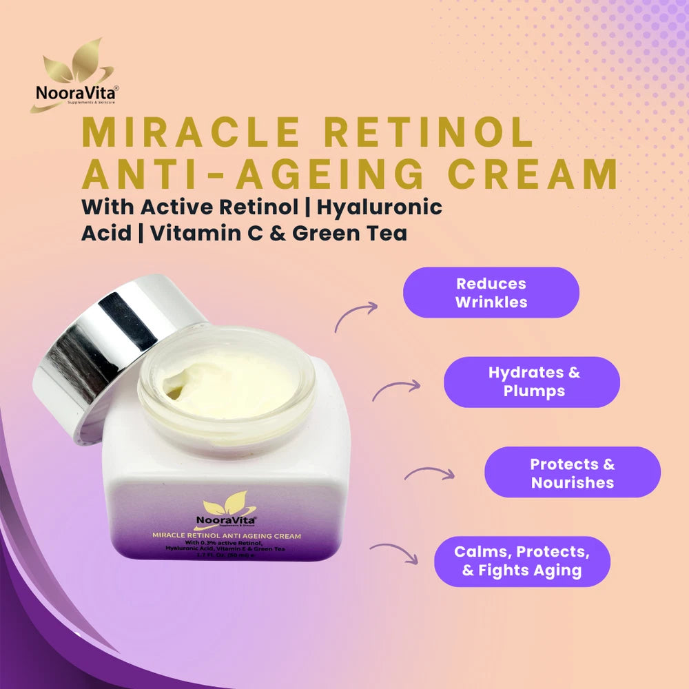 Miracle Retinol Anti Ageing Cream With 0.3% Active Retinol & Hyaluronic Acid.