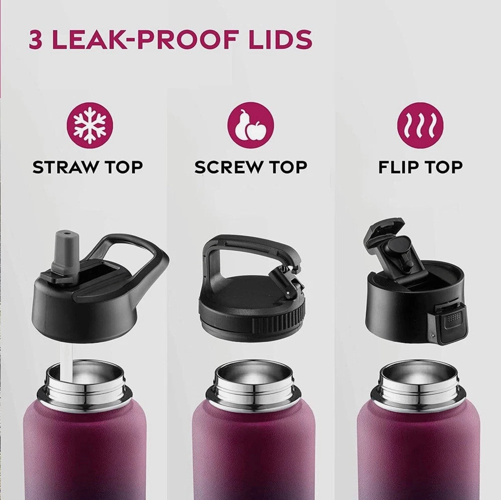 Triple Insulated Stainless Steel Water Bottle with Straw Flip Top Lid 1180ML