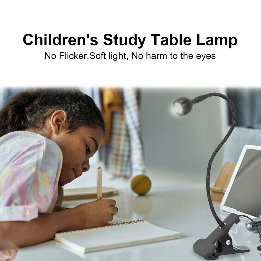 USB Clip On Desk Lamp Flexible Clamp Reading Light LED Bed Table Bedside Night