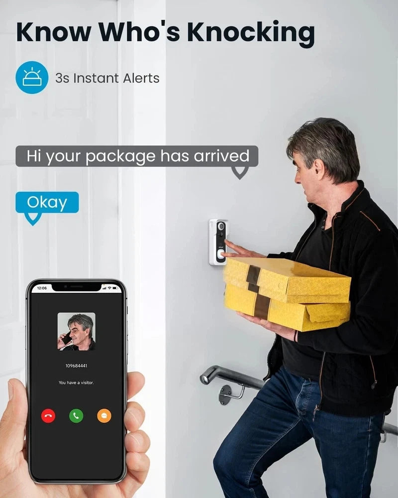 Wireless Smart Home Video Doorbell Camera, Indoor Chime WiFi Doorbell 2way Audio