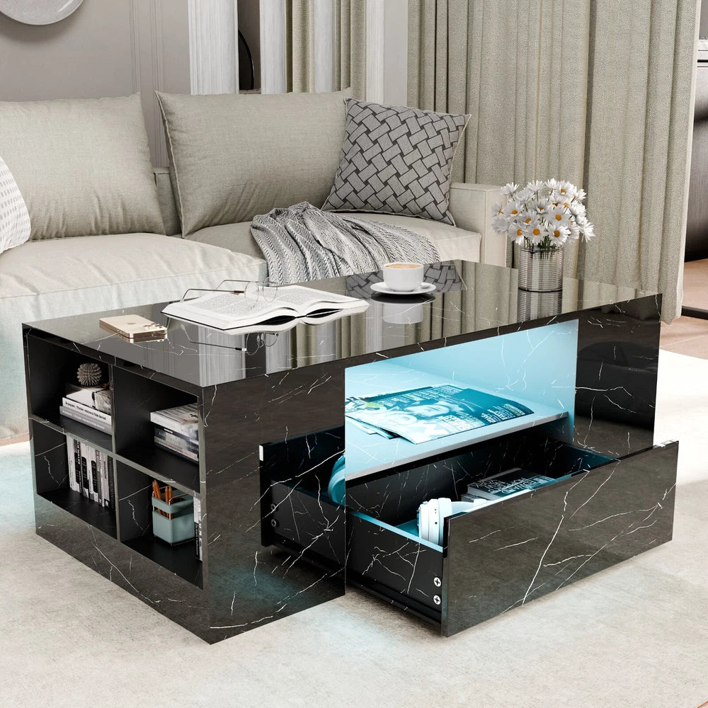 LED Coffee Table Wooden 2 Drawer Storage High Gloss Modern Living Room Furniture