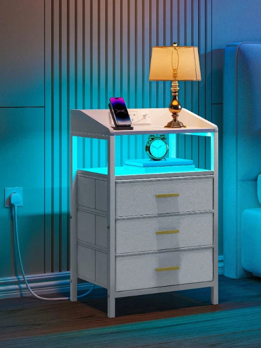 Bedside Table White LED Cabinets 3 Drawers Nightstand Bedroom W/Charging Station