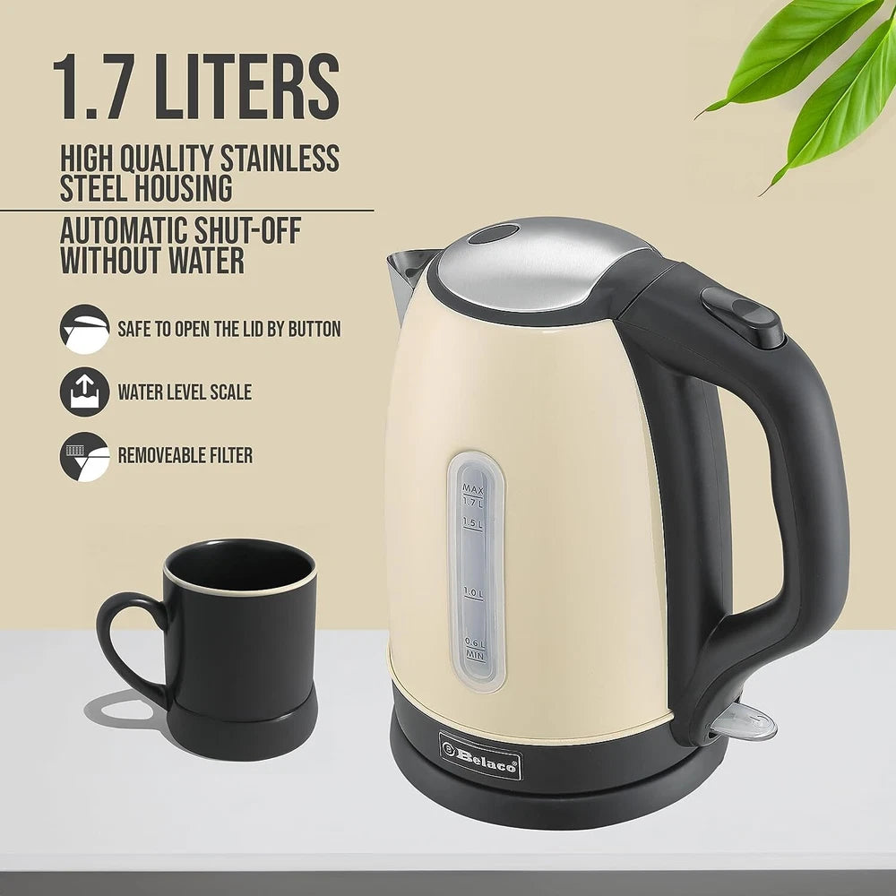 Belaco Electric Kettle Stainless Steel 1.7L,  2200w Fast Boil Cordless 360°