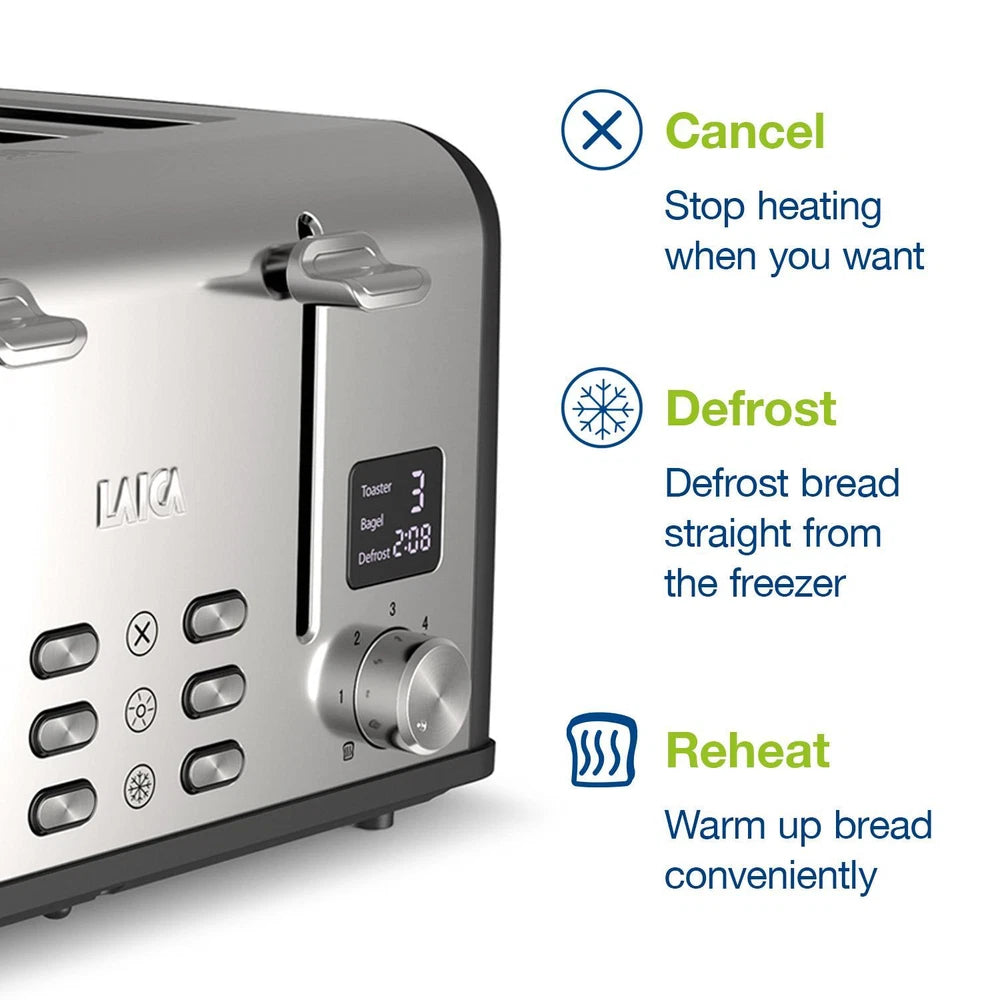 4 Slice Digital Toaster, Wide Slots, Defrost/Reheat, Browning Settings, Laica