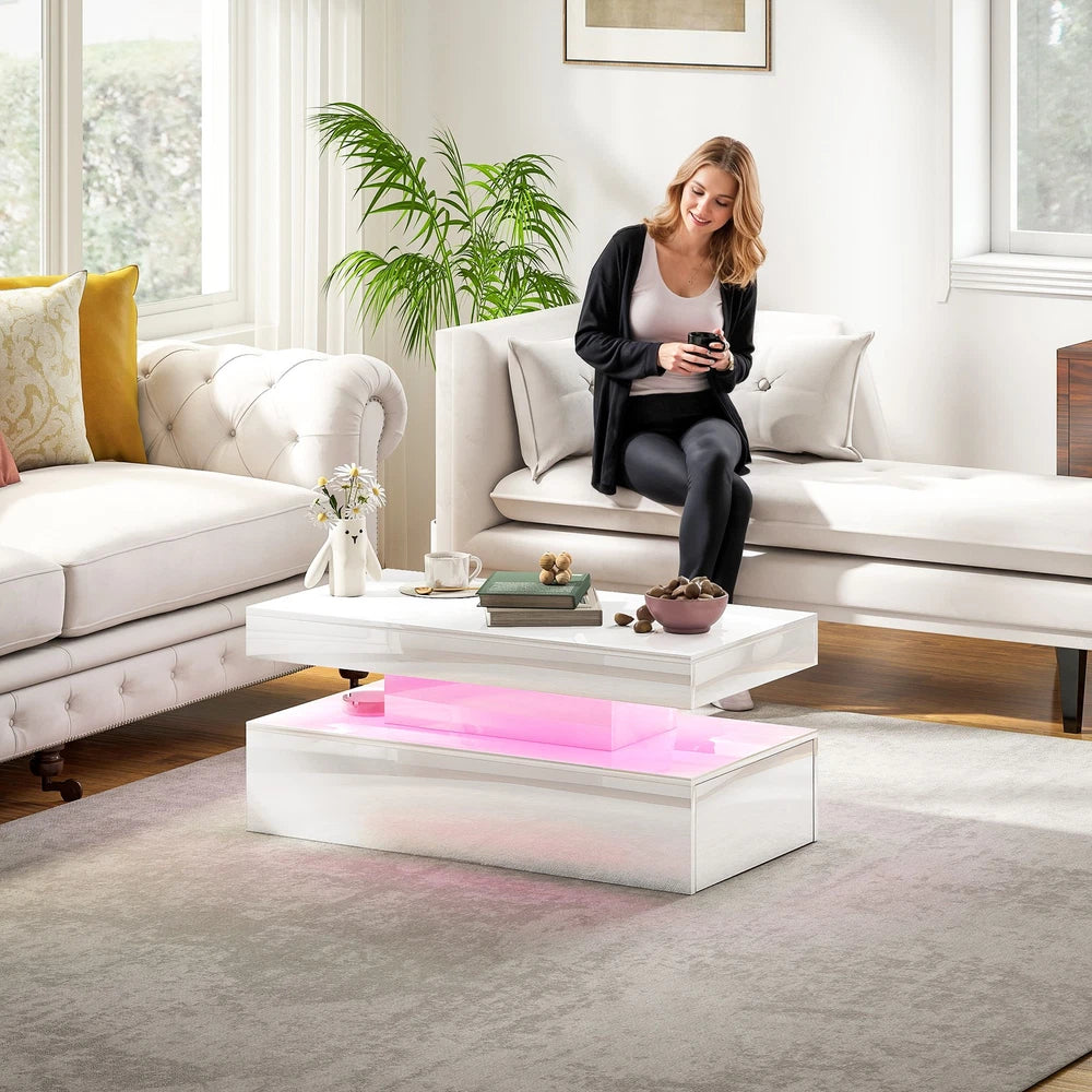 Coffee Table with LED Lights, High Gloss Living Room Table with 2 Drawers, White