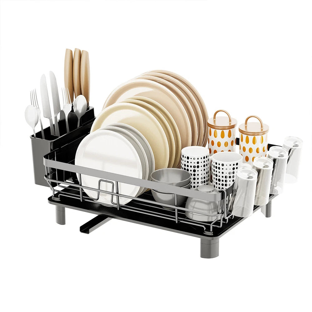 2 TIER KITCHEN SINK DISH DRAINER RACK WITH DRIP TRAY CUTLERY HOLDER PLATE RACK