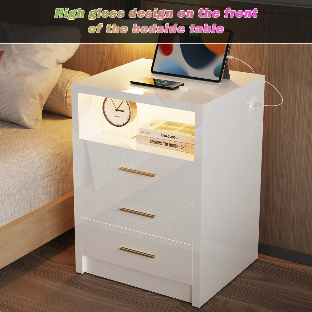 2/3 Drawers High Gloss Front Bedside Table Cabinet LED Nightstand With Charging