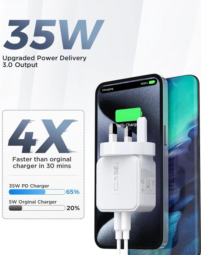 35W USB-C Fast Charger PD Power Adapter Plug & Cable For Apple iPhone 16 15 UK