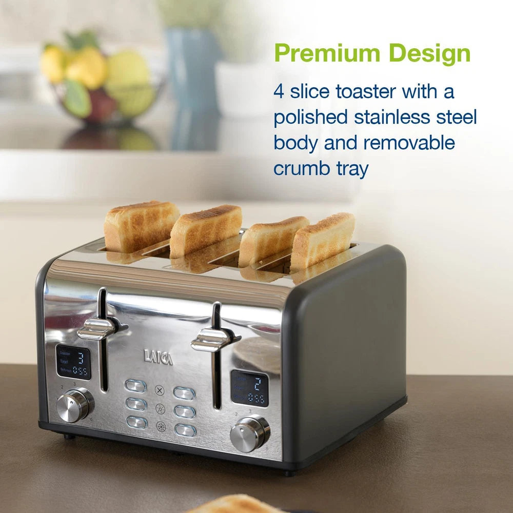 4 Slice Digital Toaster, Wide Slots, Defrost/Reheat, Browning Settings, Laica