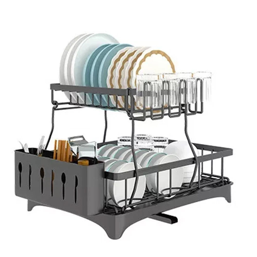 2 TIER KITCHEN SINK DISH DRAINER RACK WITH DRIP TRAY CUTLERY HOLDER PLATE RACK