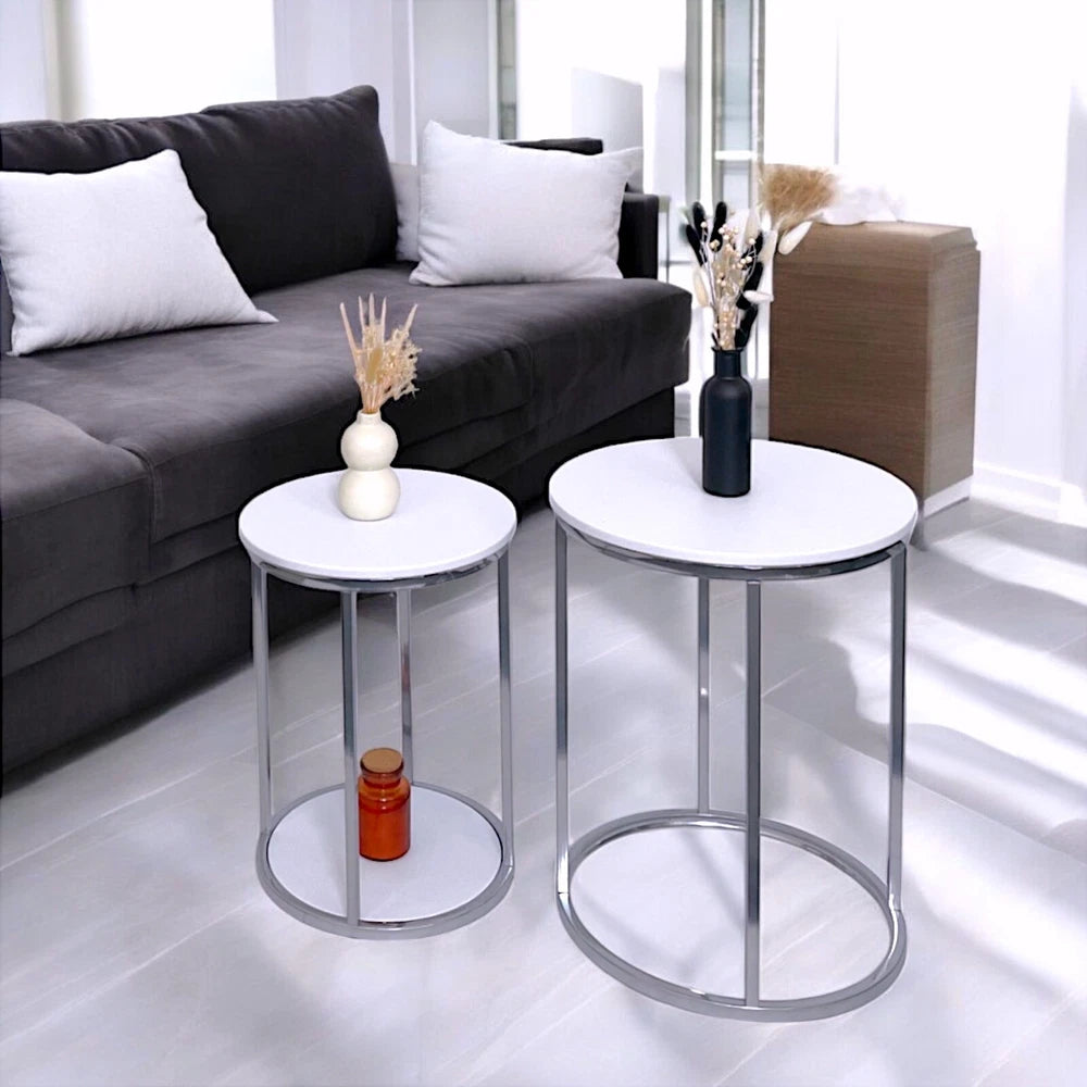 NEW Nest of Tables Set of 2 Coffee Side End Table White With Chrome Legs