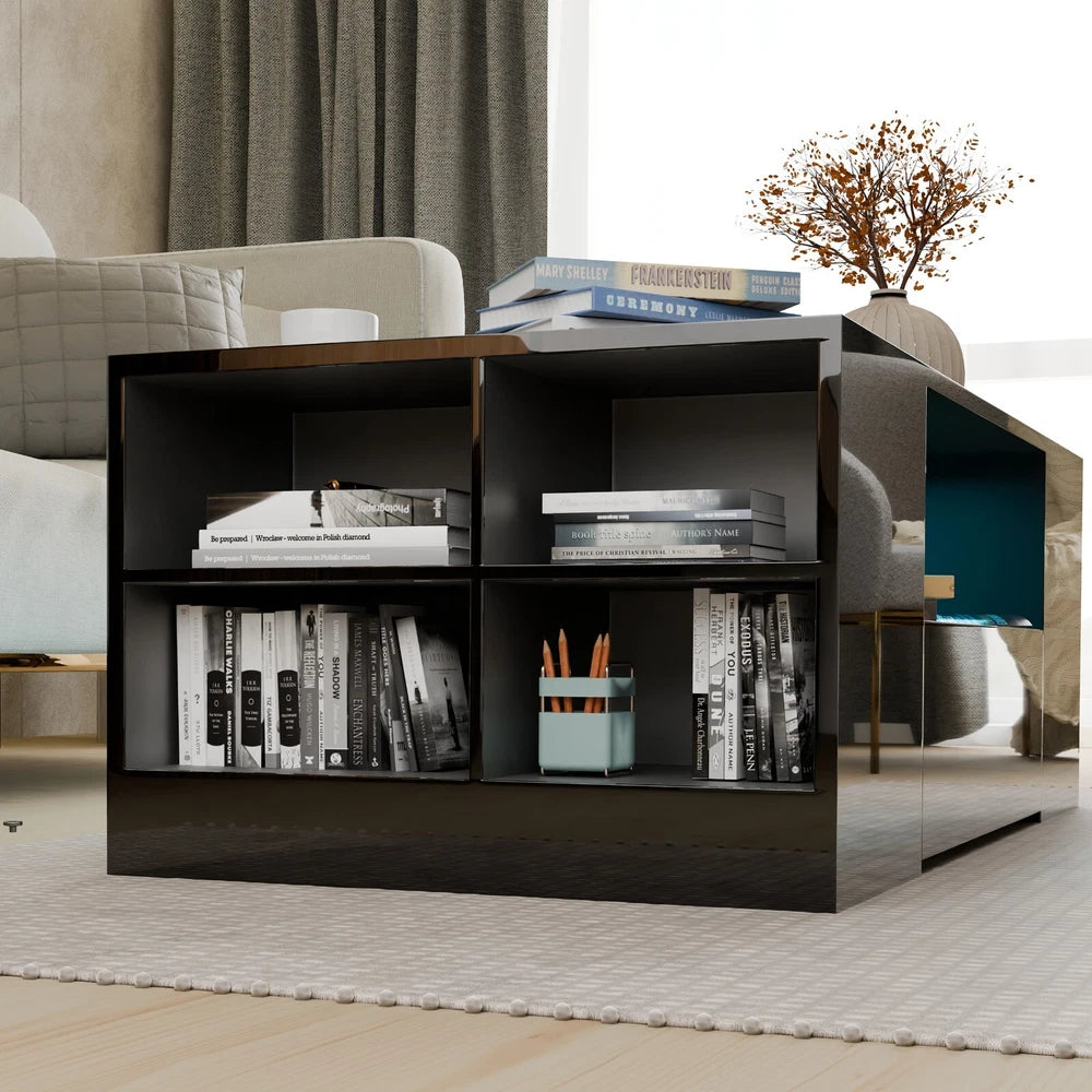 LED Coffee Table Wooden 2 Drawer Storage High Gloss Modern Living Room Furniture