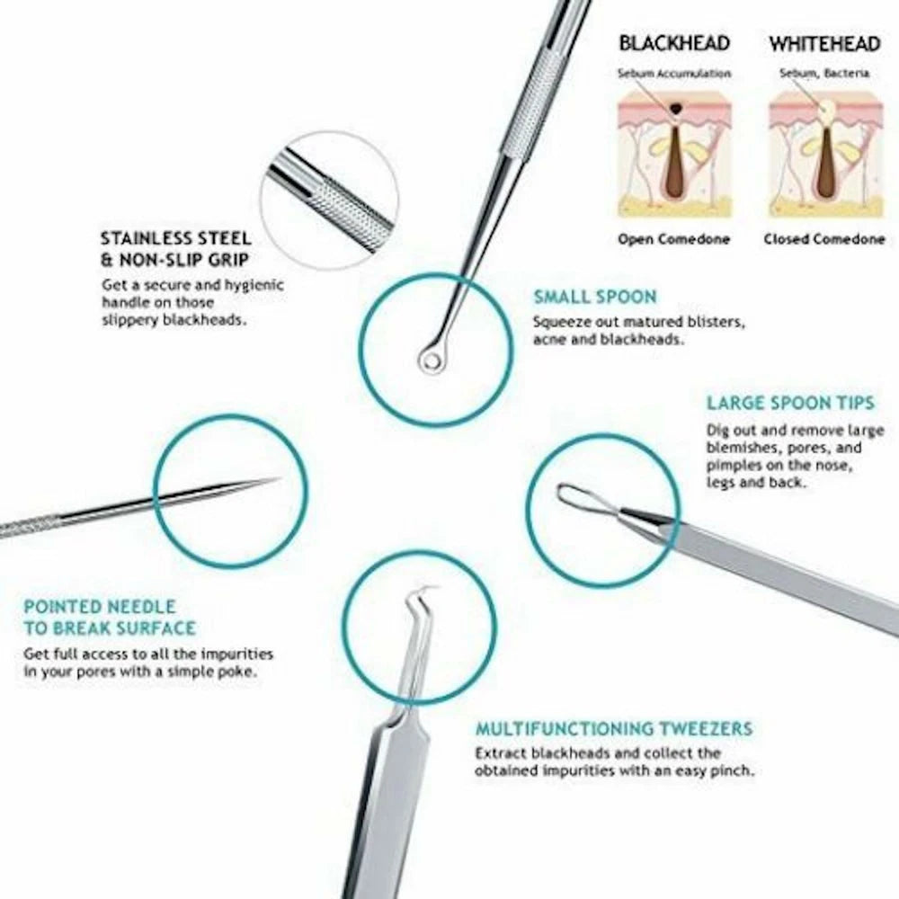 7x Blackhead Remover Tools Pimple Comedone Spot Acne Extractor Kit Popper