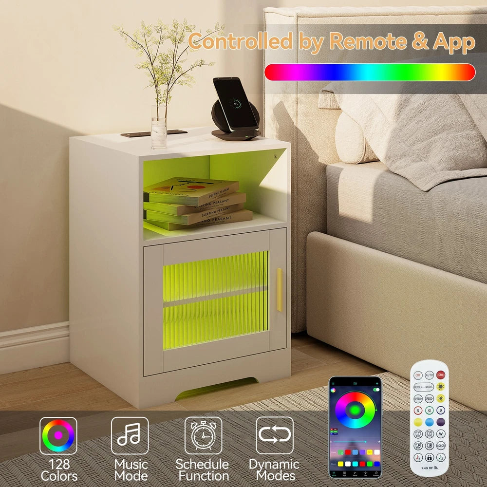 Bedside Table RGB LED 4 Tier Storage Cabinet Nightstand with Charging Station