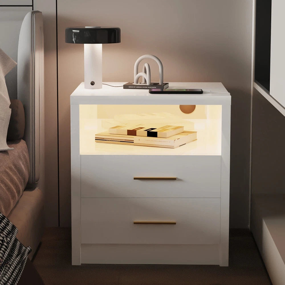 2/3 Drawers High Gloss Front Bedside Table Cabinet LED Nightstand With Charging