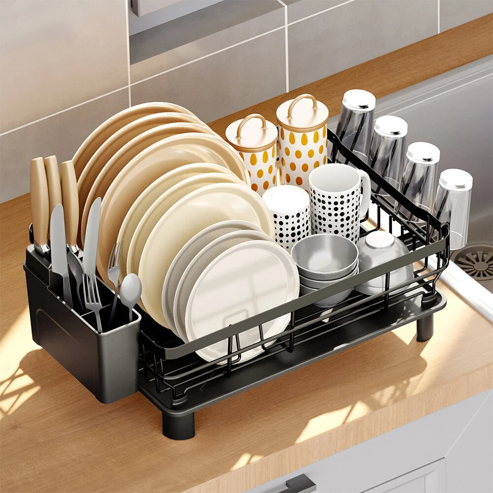 Kitchen Dish Drainer Plate Drying Rack with Drip Tray Cup Cutlery Utensil Holder