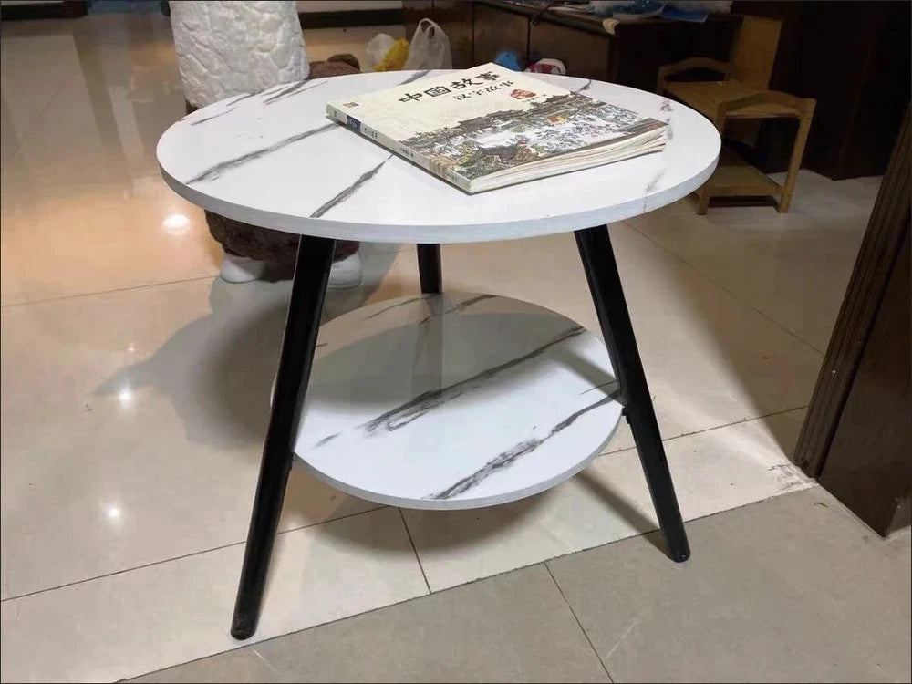 1/2 Tier Coffee Table Round Side Table White Marble Effect End Table Living Room