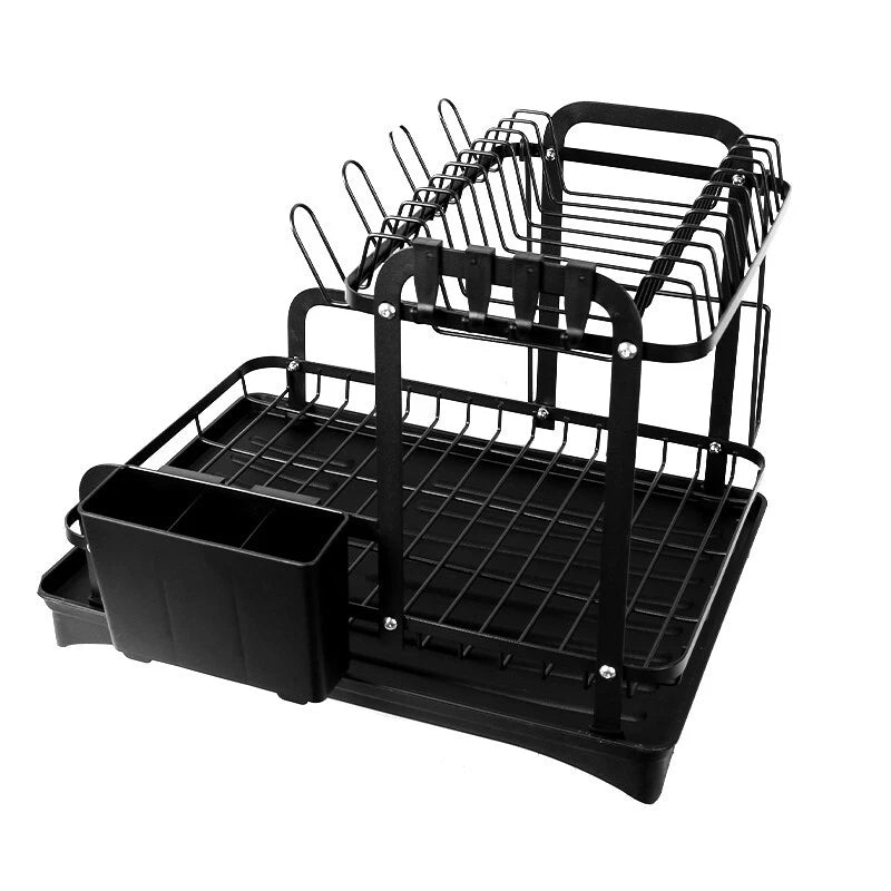 2 TIER KITCHEN SINK DISH DRAINER RACK WITH DRIP TRAY CUTLERY HOLDER PLATE RACK