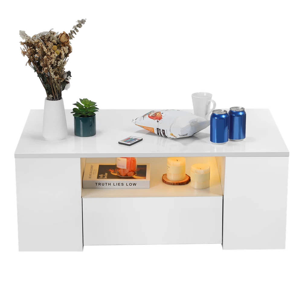 High Gloss LED Coffee Table With Storage Wooden 2 Drawer Living Room Furniture