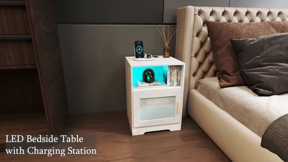 Bedside Table RGB LED 4 Tier Storage Cabinet Nightstand with Charging Station
