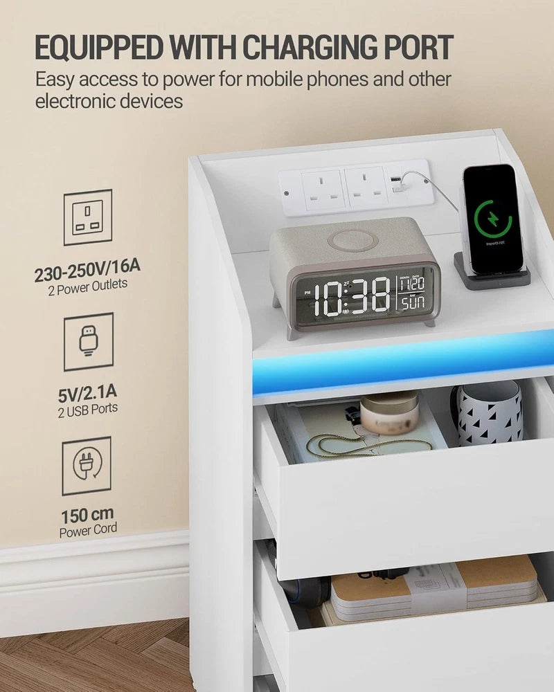 LED Bedside Table 3 Drawers Storage Cabinet Nightstand with Charging Statio