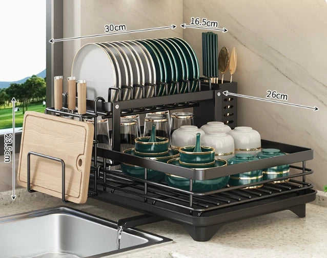 2 Tier Dish Drainer Rack Cutlery Holder Plate Rack Kitchen Sink with Drip Tray