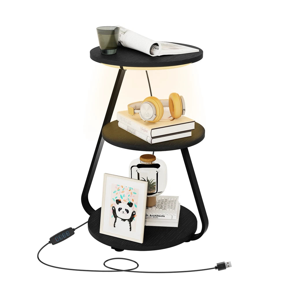 3-Tier Sofa Side Table LED Lighted Bedside Living Room End Table with Storage