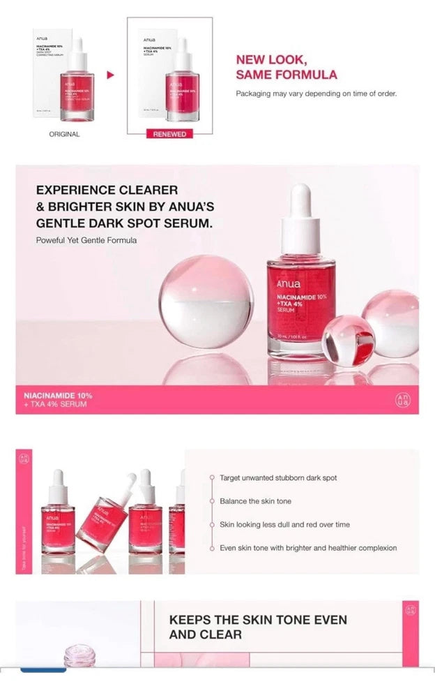 Anua Niacinamide Skincare 10% + TXA 4% Facial Serum, 30ml, Original in Box.
