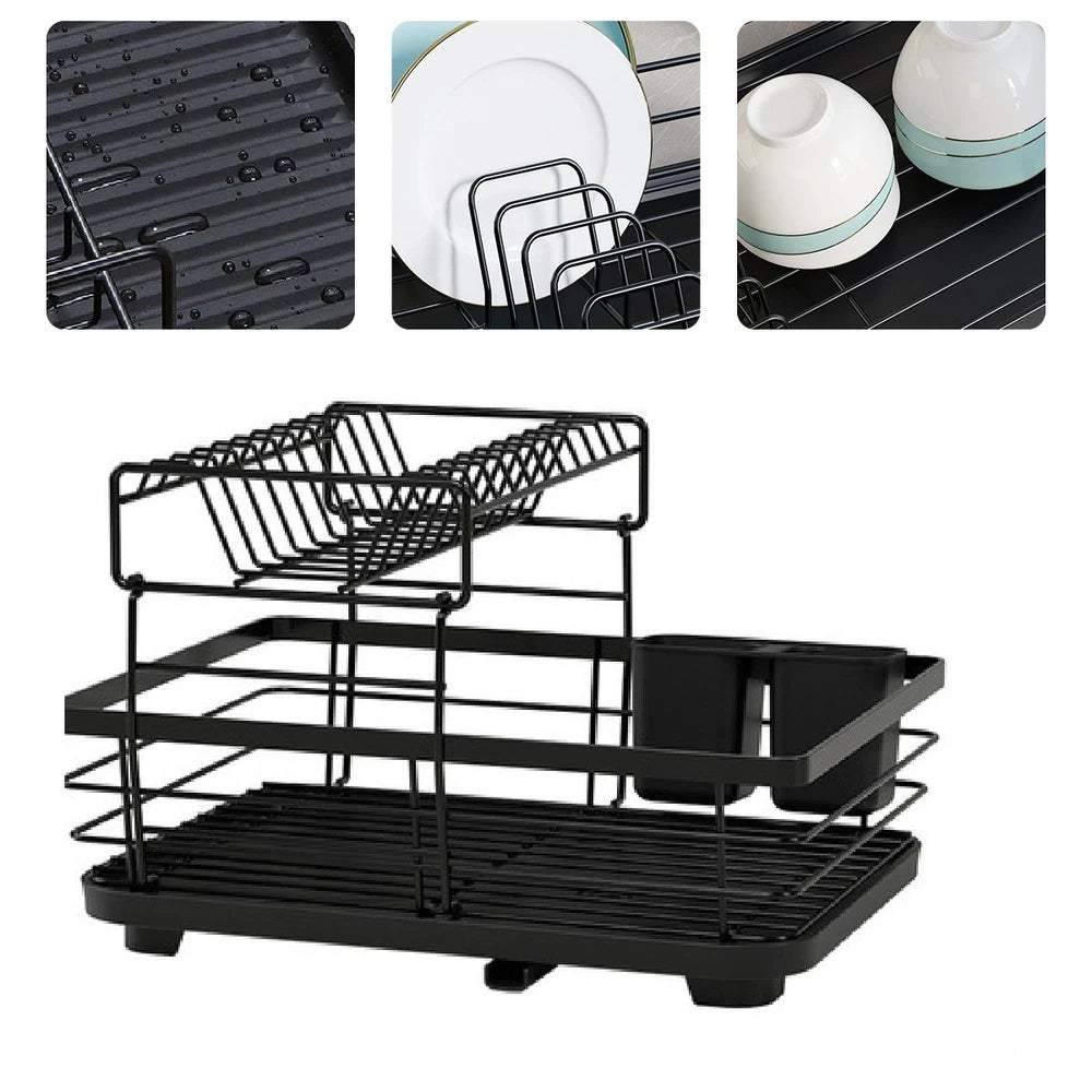 2-Tier Dish Drainer Rack with Drip Tray Cutlery Holder Plate Rack Kitchen Sink