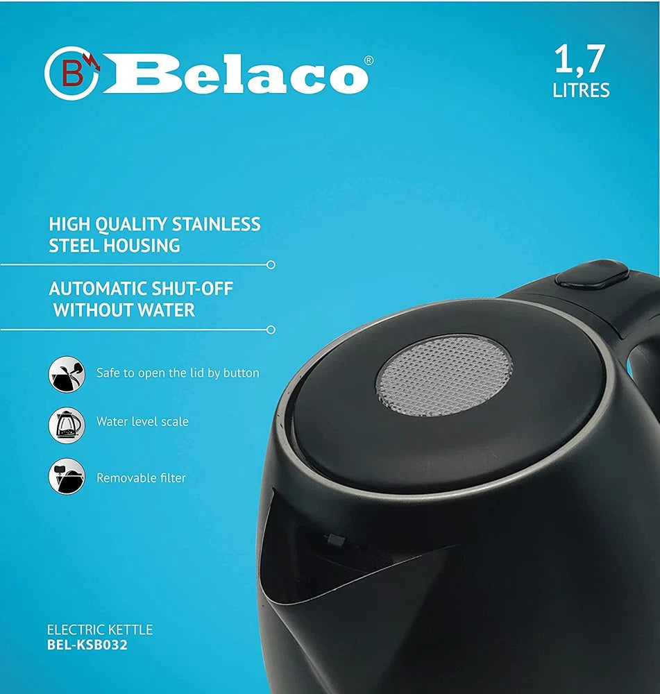Belaco Electric Kettle Stainless Steel 1.7L,  2200w Fast Boil Cordless 360°