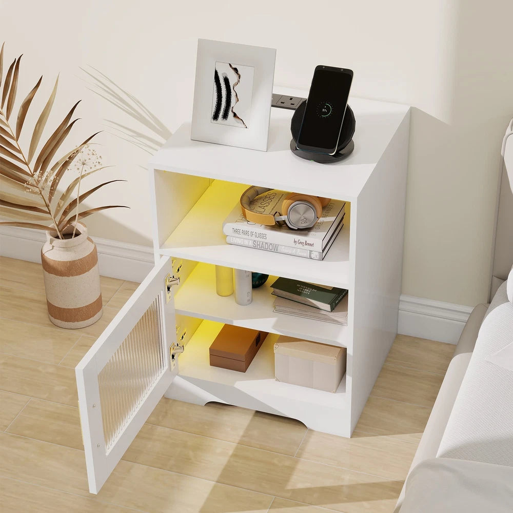 Bedside Table RGB LED 4 Tier Storage Cabinet Nightstand with Charging Station